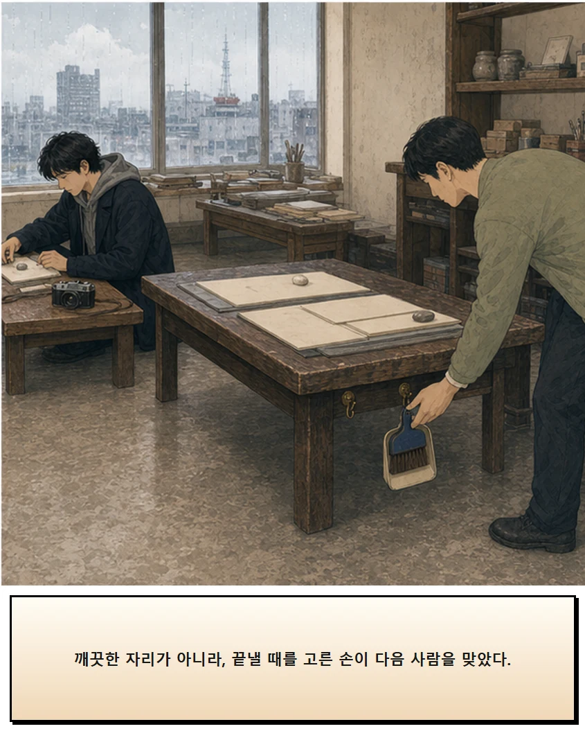27화: 끝나고 쓰는 빗자루 20페이지. 깨끗한 자리가 아니라, 끝낼 때를 고른 손이 다음 사람을 맞았다.
