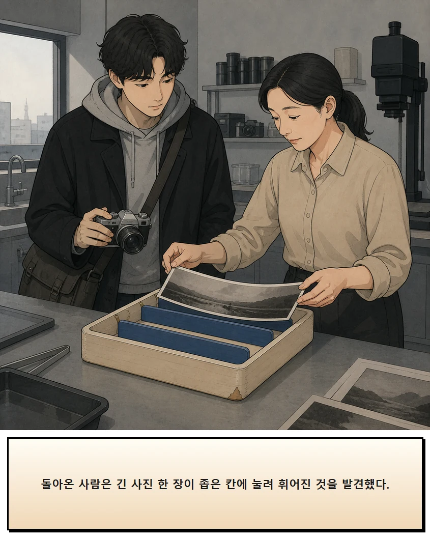 28화: 옮겨 놓는 칸 2페이지. 돌아온 사람은 긴 사진 한 장이 좁은 칸에 눌려 휘어진 것을 발견했다.