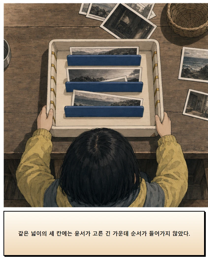 28화: 옮겨 놓는 칸 5페이지. 같은 넓이의 세 칸에는 윤서가 고른 긴 가운데 순서가 들어가지 않았다.