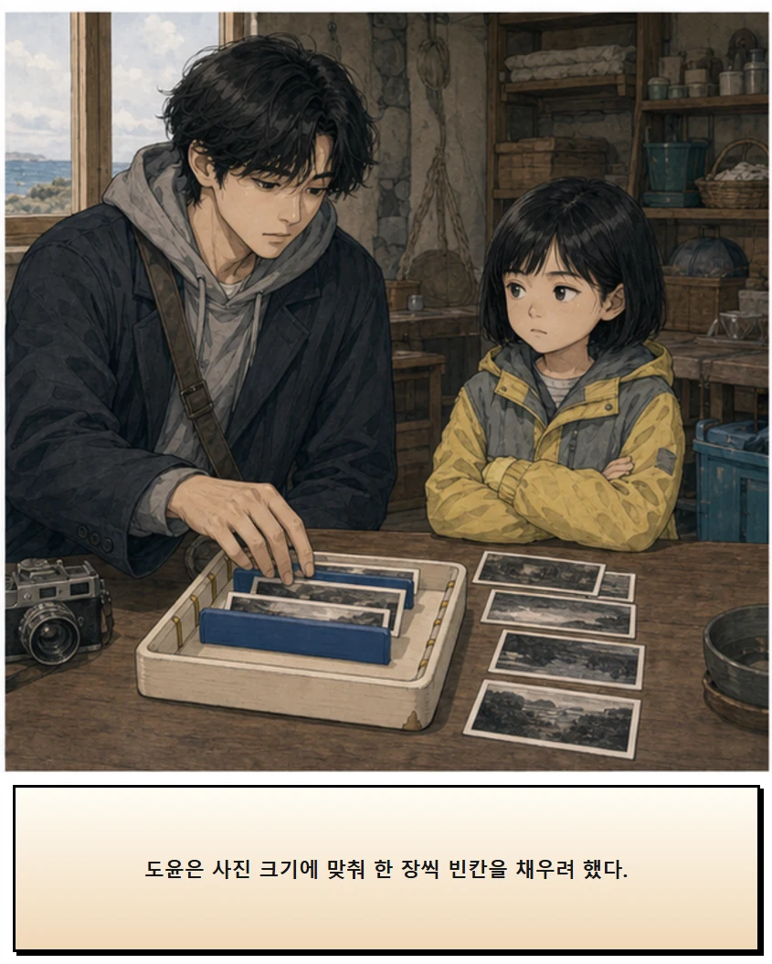 28화: 옮겨 놓는 칸 6페이지. 도윤은 사진 크기에 맞춰 한 장씩 빈칸을 채우려 했다.