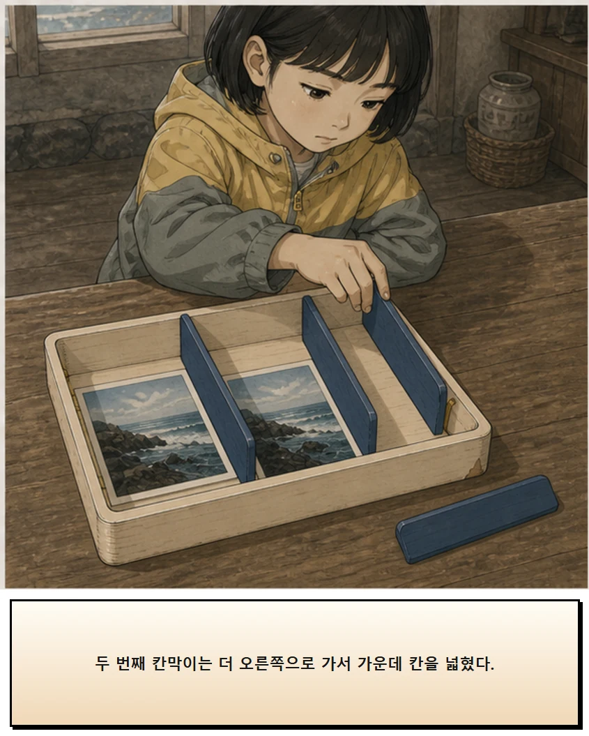 28화: 옮겨 놓는 칸 12페이지. 두 번째 칸막이는 더 오른쪽으로 가서 가운데 칸을 넓혔다.
