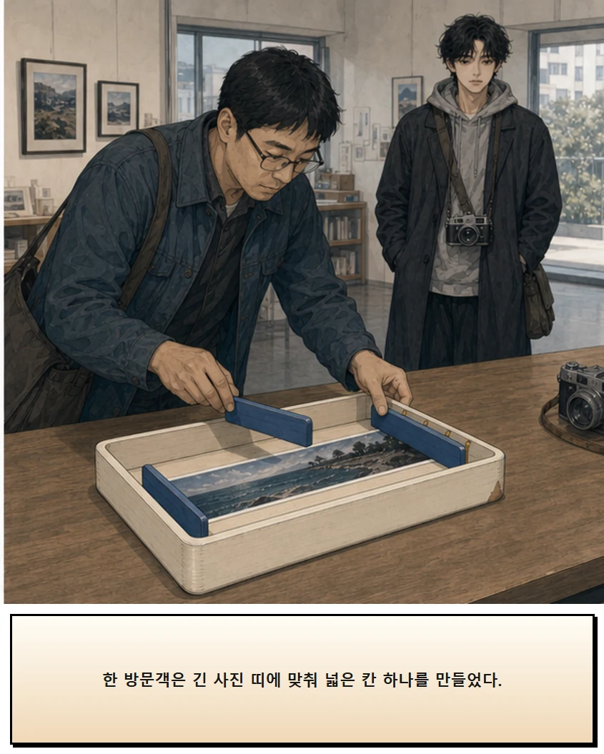 28화: 옮겨 놓는 칸 18페이지. 한 방문객은 긴 사진 띠에 맞춰 넓은 칸 하나를 만들었다.