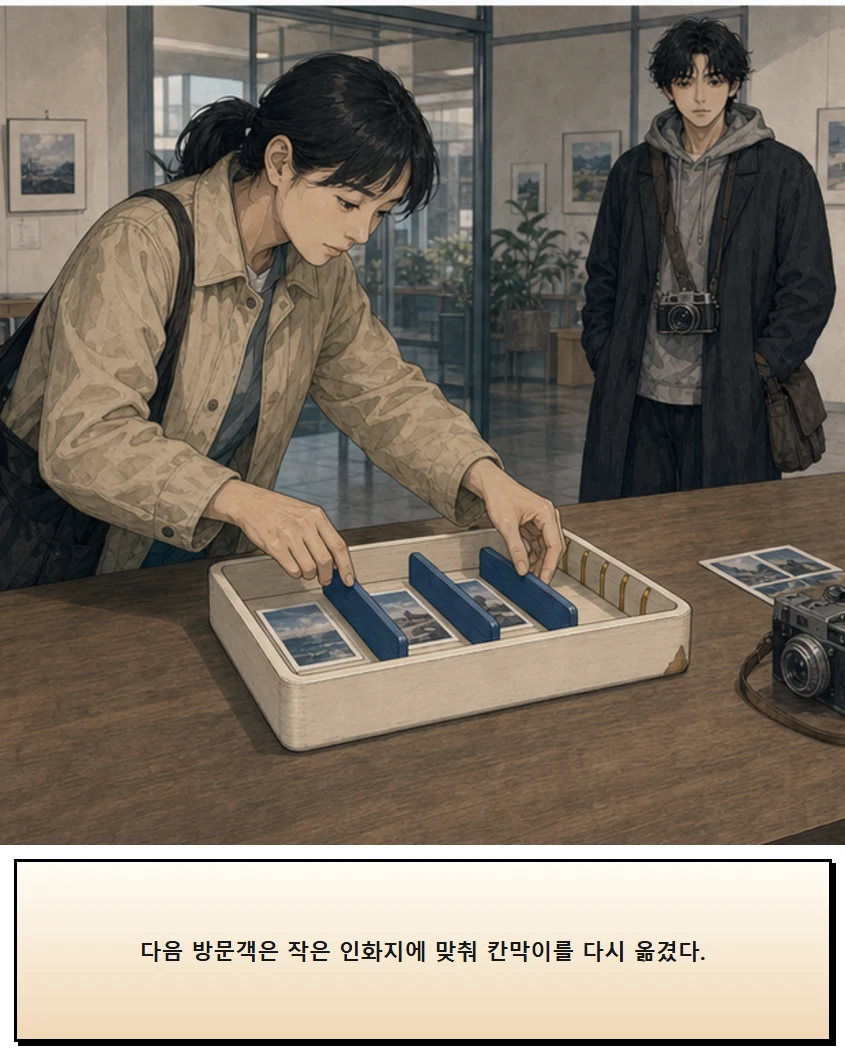 28화: 옮겨 놓는 칸 19페이지. 다음 방문객은 작은 인화지에 맞춰 칸막이를 다시 옮겼다.