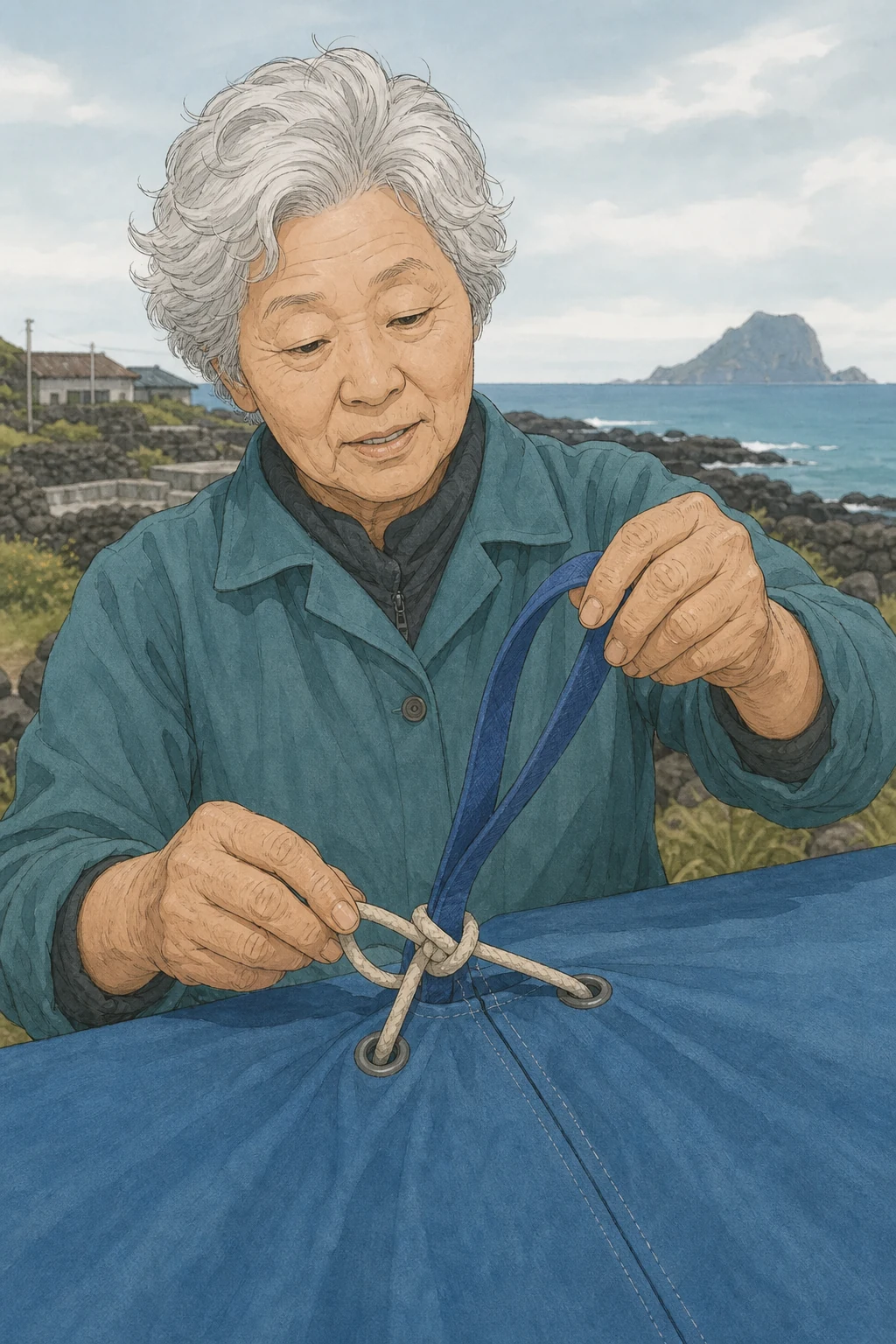 30화: 내가 푸는 묶음 8페이지. 순덕은 넓은 푸른 고리를 당기면 풀리는 납작 매듭을 보여 줬다.