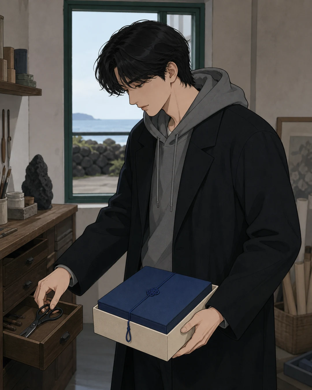 30화: 내가 푸는 묶음 16페이지. 도윤은 가위를 치우고, 묶음 아래의 운반 상자만 받쳐 들었다.