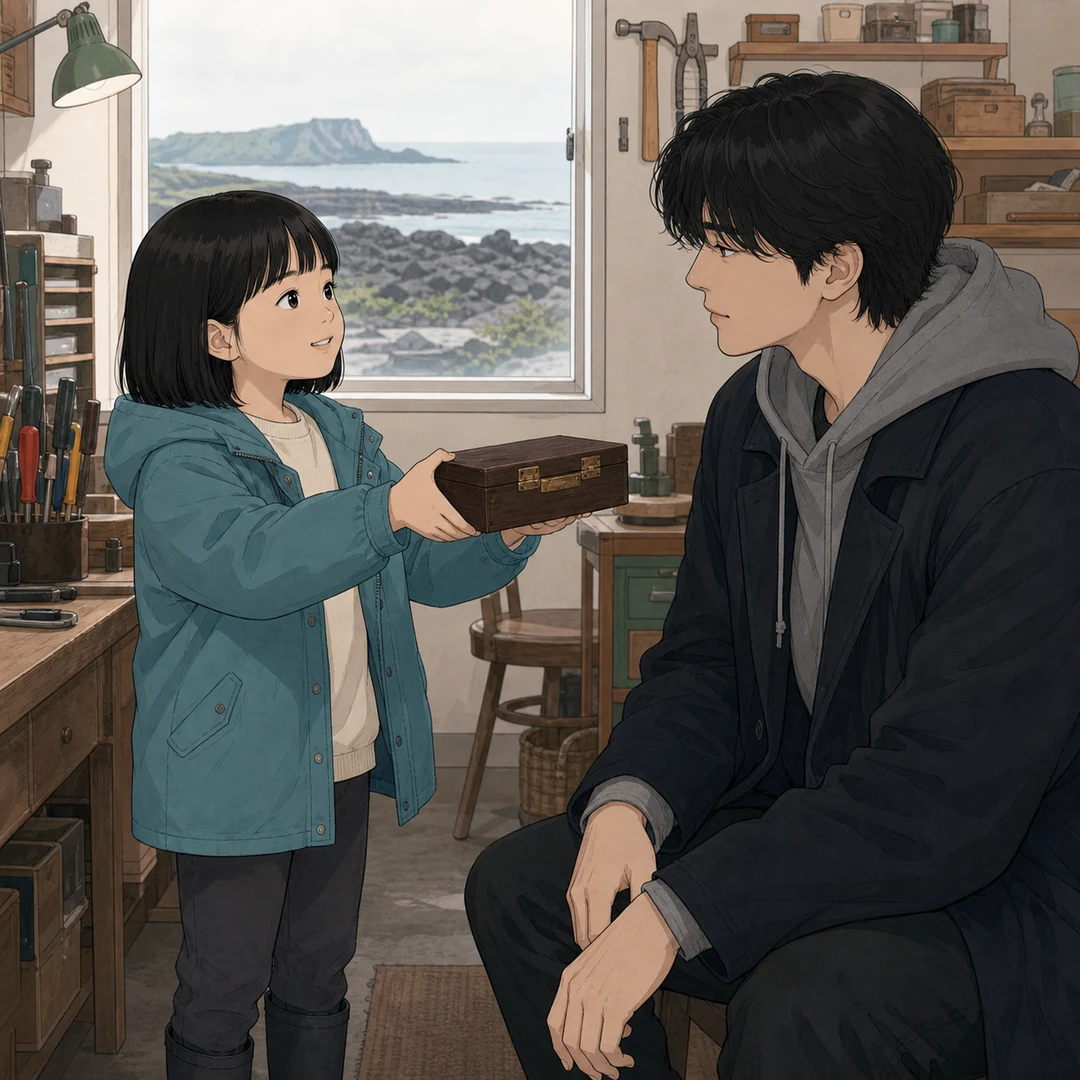 31화: 남겨 둔 흠집 3페이지. 제주에서 윤서는 경첩이 흔들리는 작은 나무 연필함을 맡겼다.
