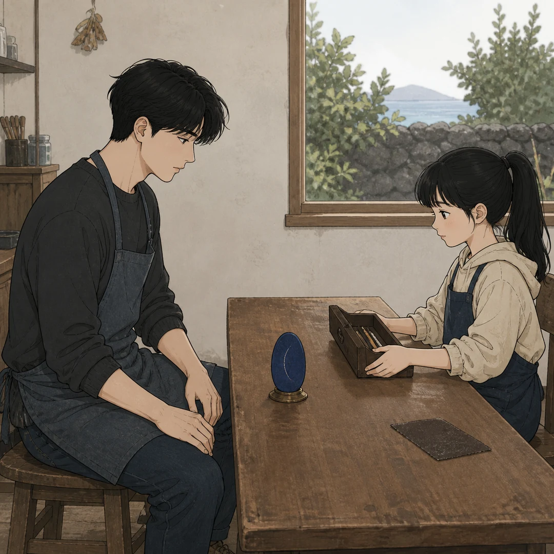 31화: 남겨 둔 흠집 8페이지. 도윤은 두 손을 거두고 연필함을 윤서 쪽으로 돌려놓았다.