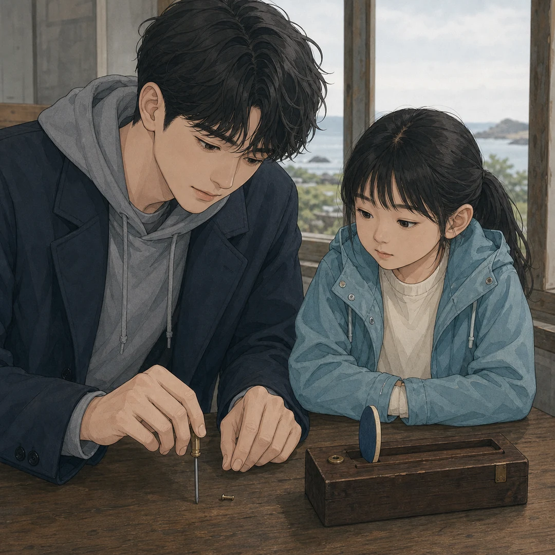 31화: 남겨 둔 흠집 12페이지. 도윤은 연필함에 손대지 않고 필요한 도구만 나란히 놓았다.