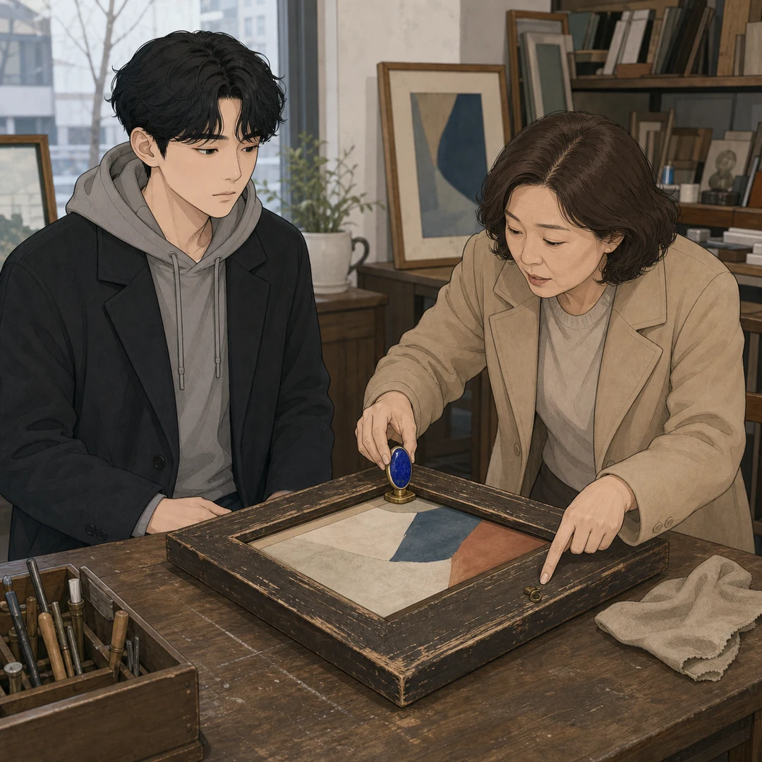 31화: 남겨 둔 흠집 19페이지. 한 주인은 패를 세우고 광내기 대신 느슨한 뒷판만 가리켰다.
