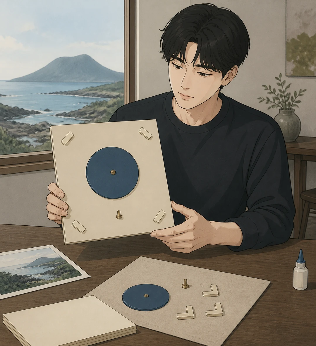 32화: 돌려 보는 한 장 11페이지. 도윤은 접착제 대신 푸른 회전판과 모서리 집게를 꺼냈다.