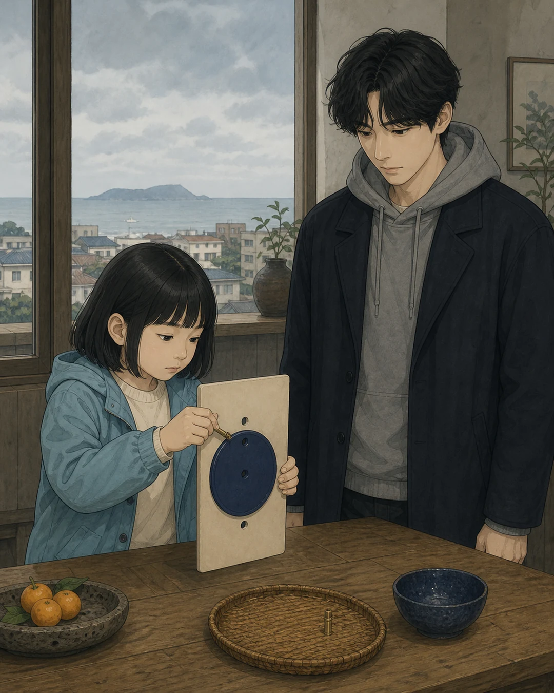 32화: 돌려 보는 한 장 14페이지. 윤서는 뒤판을 세로로 맞추고 황동 핀을 직접 꽂았다.