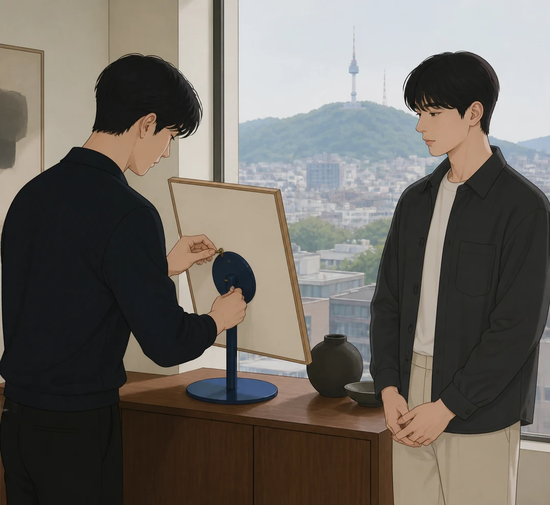 32화: 돌려 보는 한 장 19페이지. 사진 주인은 핀을 빼고 사진을 세로로 돌려 다시 고정했다.