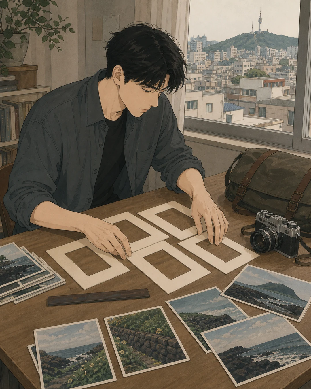 33화: 남겨 둔 가장자리 2페이지. 그는 제주 전시 사진들을 같은 크기의 매트로 정돈하려 했다.