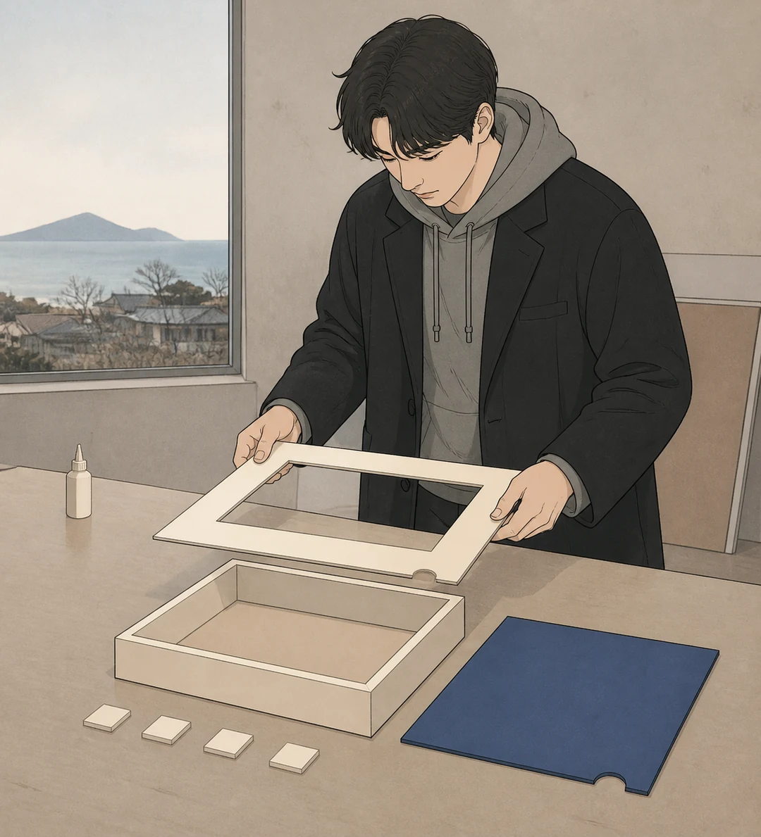 33화: 남겨 둔 가장자리 11페이지. 도윤은 접착제 없는 매트와 손가락 홈이 있는 푸른 받침을 만들었다.
