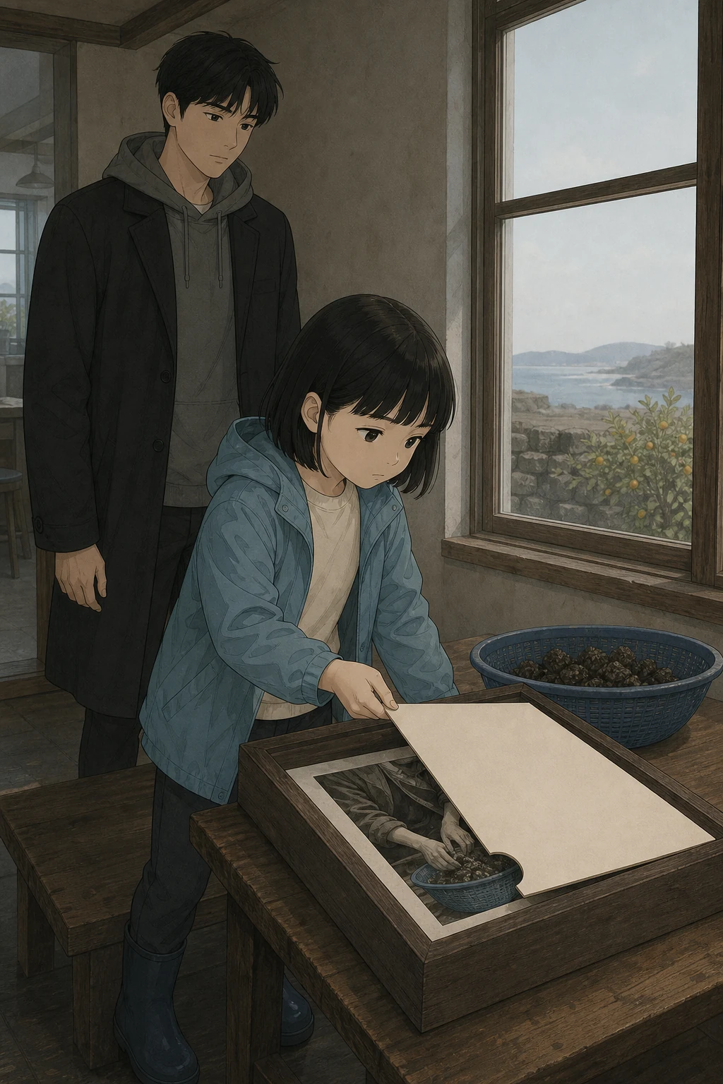 33화: 남겨 둔 가장자리 14페이지. 윤서는 반달 홈에 손가락을 넣어 좁은 매트를 직접 들어 냈다.