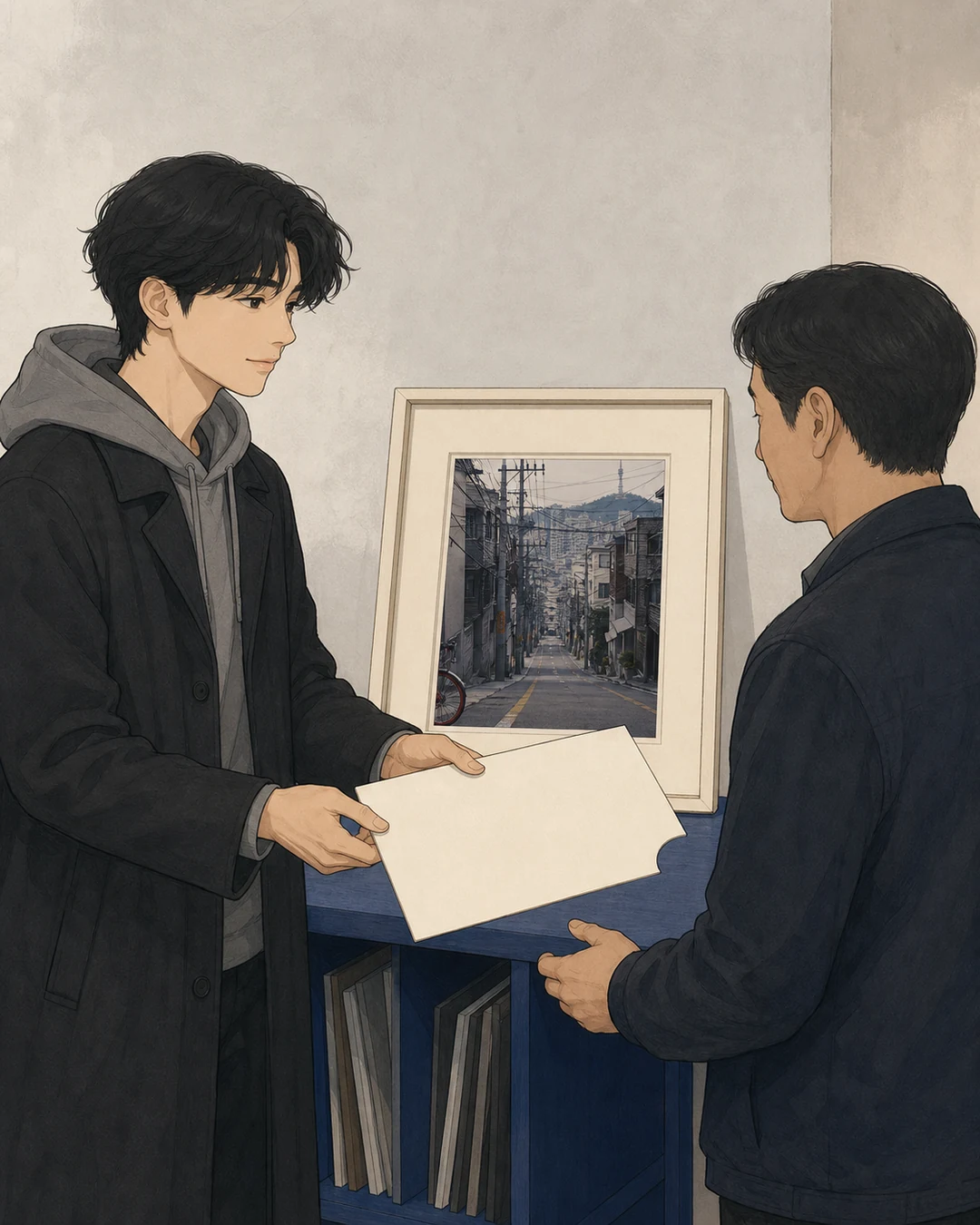 33화: 남겨 둔 가장자리 18페이지. 서울에서 도윤은 다른 사진 주인에게 들어내는 매트를 건넸다.