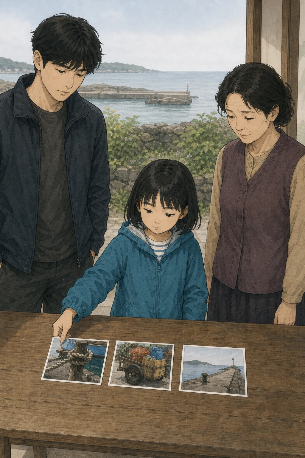 34화: 고른 순서 8페이지. 윤서는 밧줄, 손수레, 빈 부두 순서로 사진을 골랐다.