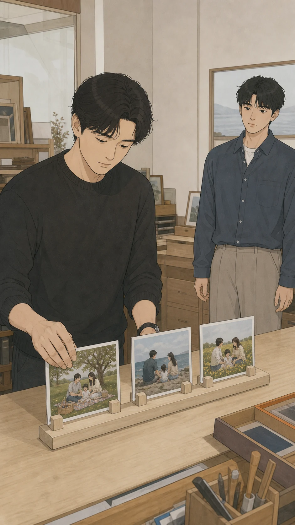 34화: 고른 순서 19페이지. 주인은 가족 소풍 사진 세 장을 자기 순서로 밀어 놓았다.