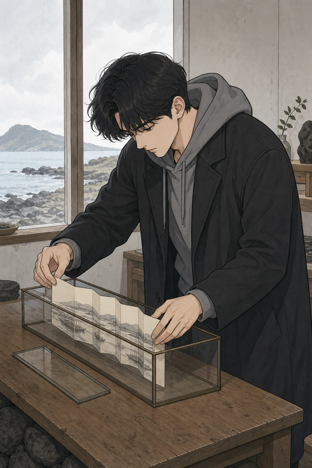 35화: 펴 둔 폭 2페이지. 그는 좁은 전시 상자에 맞추려고 그림책을 단단히 접었다.
