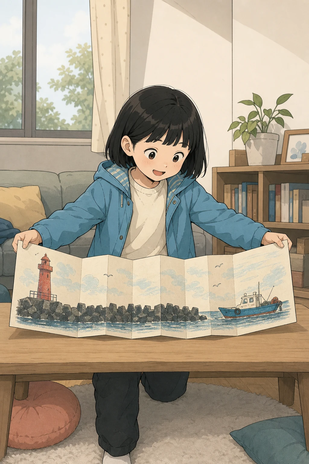 35화: 펴 둔 폭 3페이지. 윤서는 등대에서 작은 배까지 이어진 그림을 펼쳐 보였다.