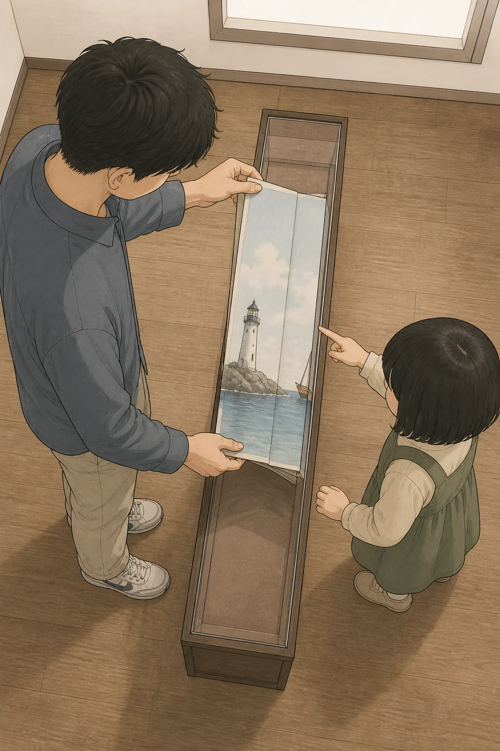 35화: 펴 둔 폭 4페이지. 상자 폭만큼만 펼치자 두 접힘이 겹쳐 작은 배가 가려졌다.