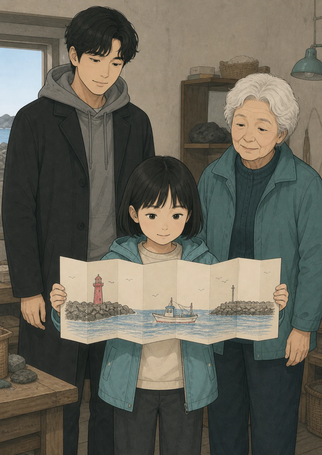 35화: 펴 둔 폭 8페이지. 윤서는 등대와 방파제와 작은 배가 모두 보이는 곳에서 멈췄다.