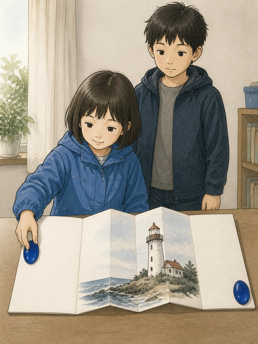 35화: 펴 둔 폭 11페이지. 윤서는 왼쪽 추를 등대 그림 바깥으로 직접 옮겼다.