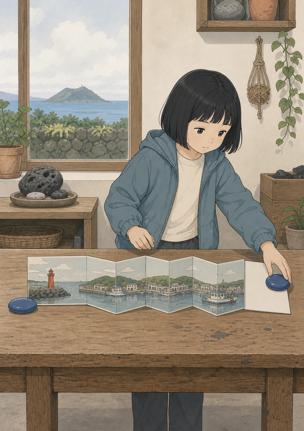 35화: 펴 둔 폭 12페이지. 오른쪽 추도 작은 배 그림 바깥으로 옮겨 폭을 고정했다.