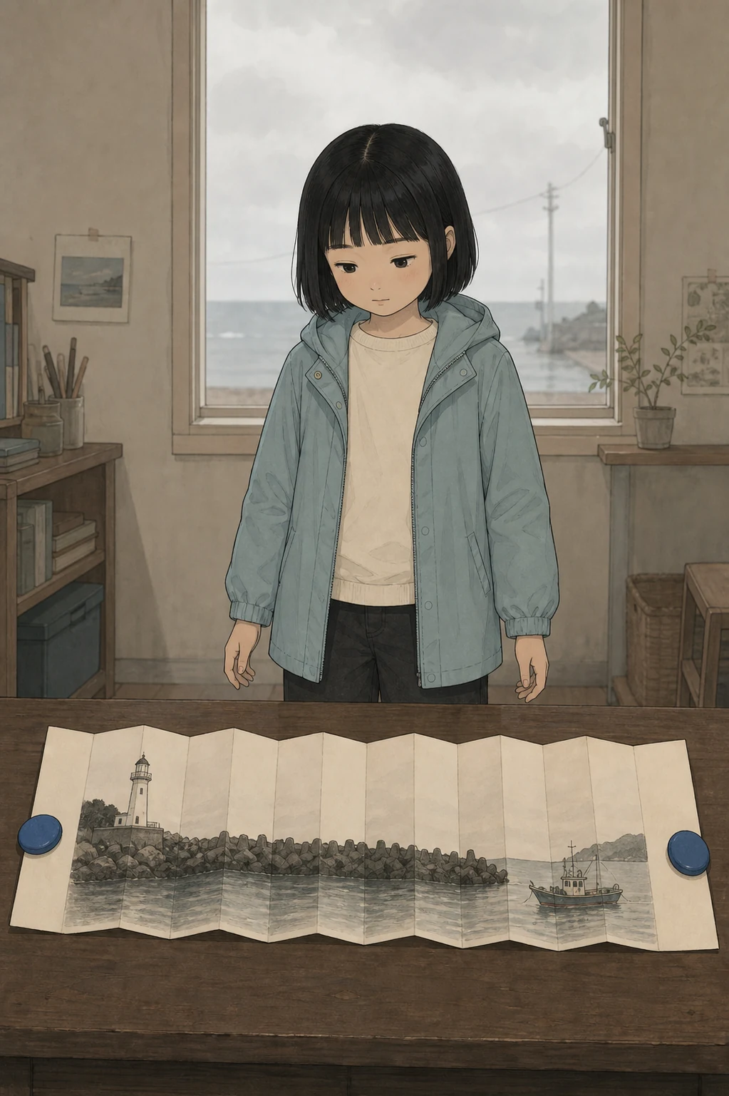 35화: 펴 둔 폭 13페이지. 손을 떼자 등대부터 작은 배까지 한 장면으로 이어졌다.