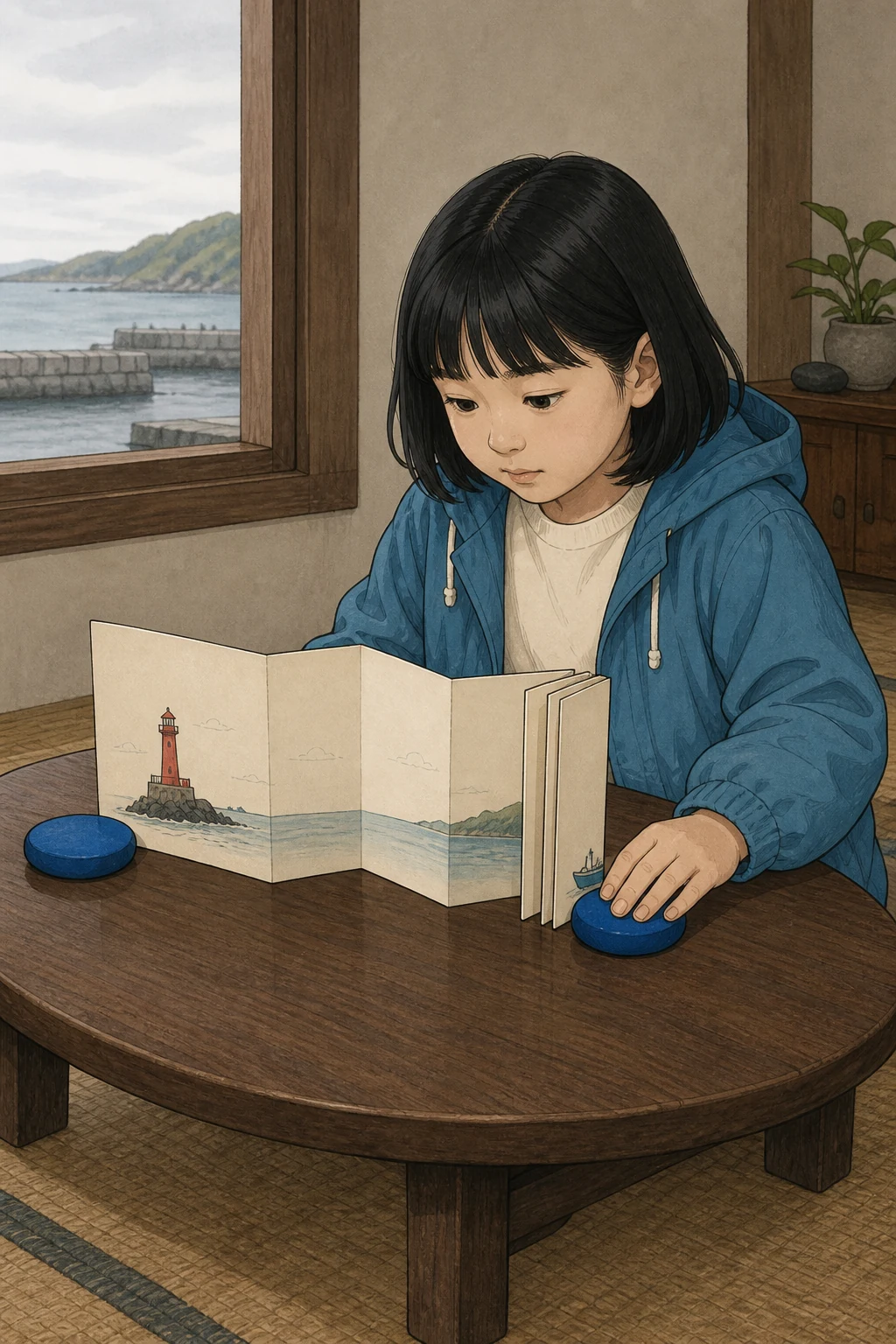 35화: 펴 둔 폭 15페이지. 윤서는 오른쪽 추를 안으로 옮겨 작은 배가 가려짐을 확인했다.