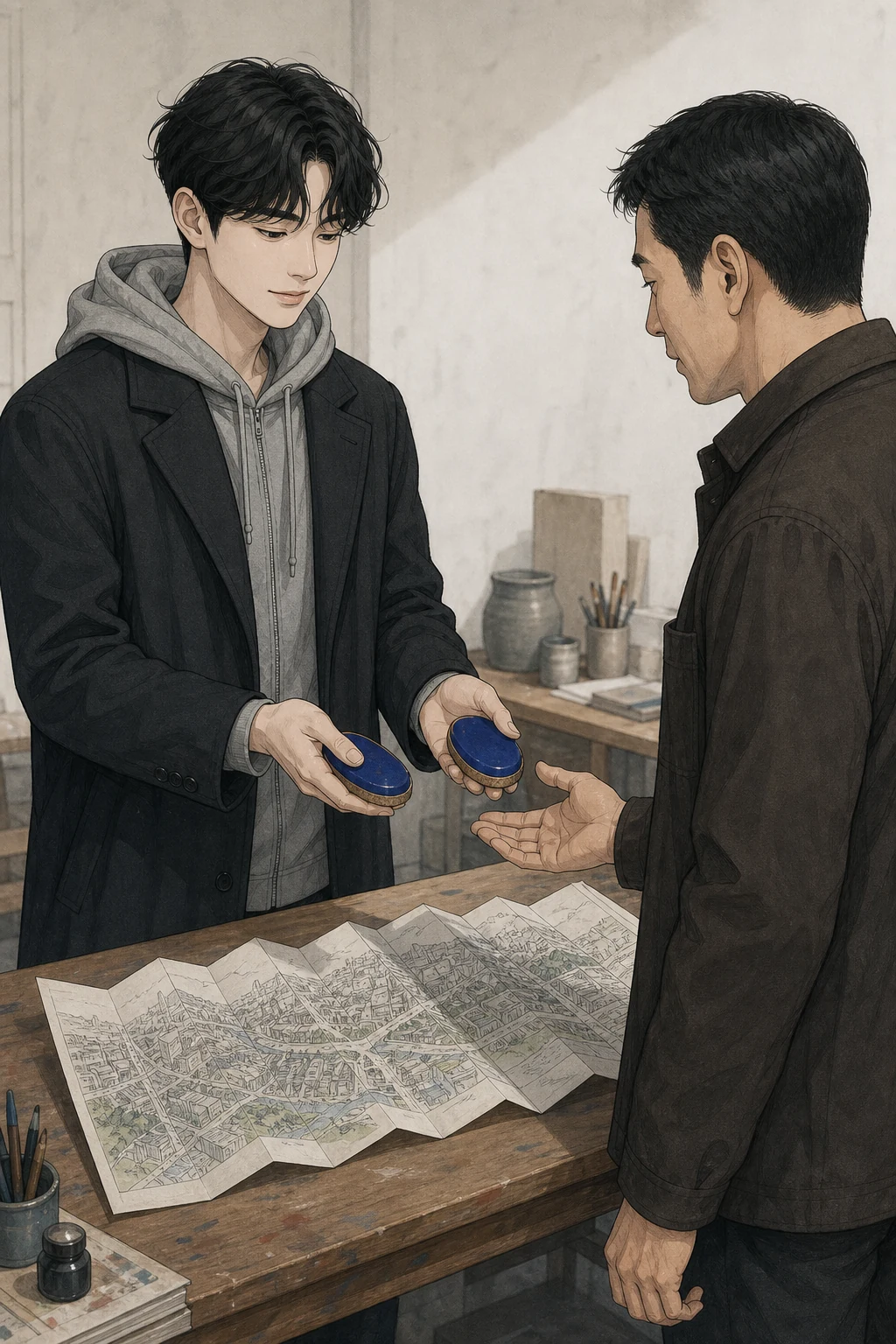 35화: 펴 둔 폭 18페이지. 서울에서 도윤은 접이식 지도의 주인에게 같은 두 추를 건넸다.