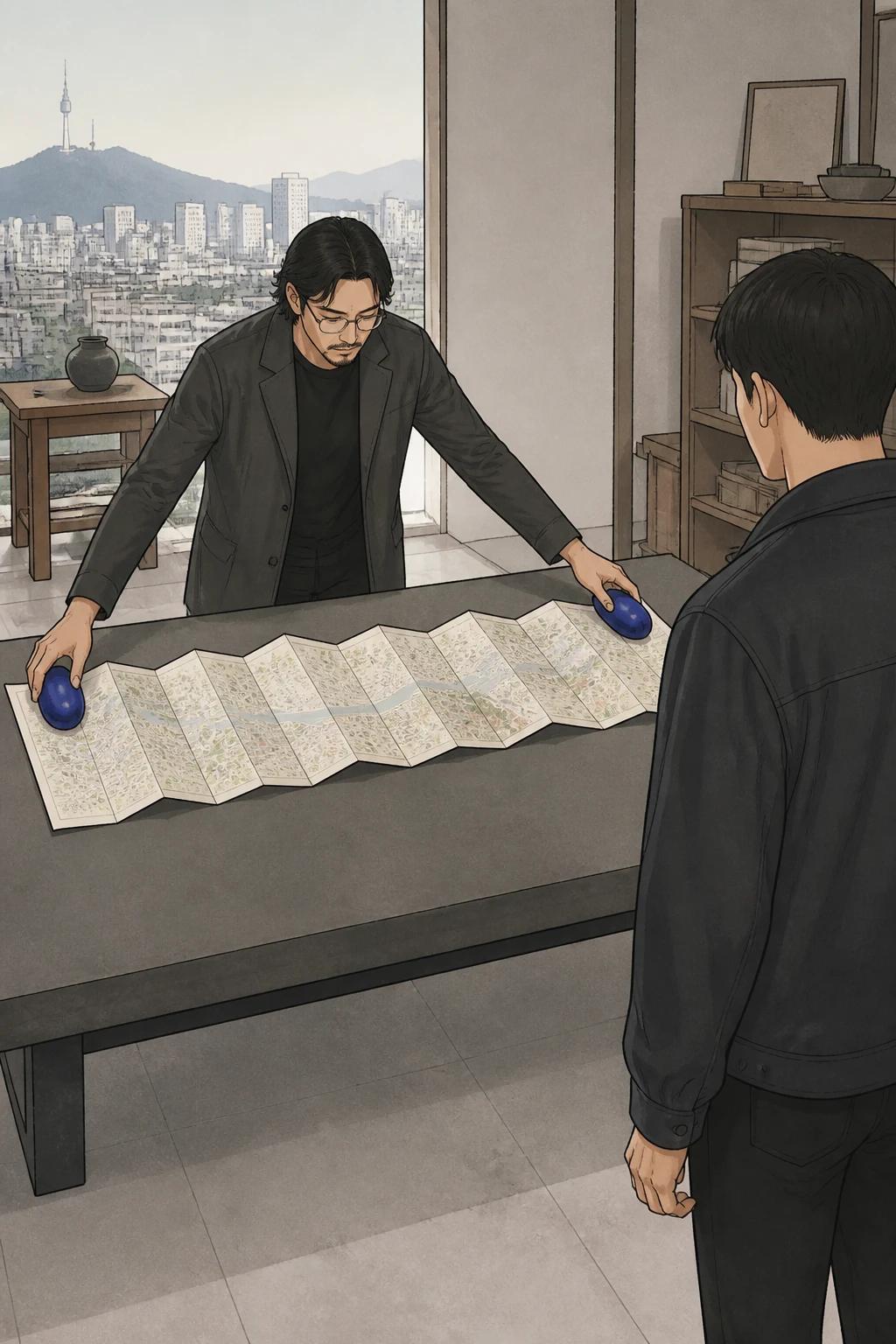 35화: 펴 둔 폭 19페이지. 주인은 자기 지도가 필요한 만큼 두 추를 벌려 놓았다.