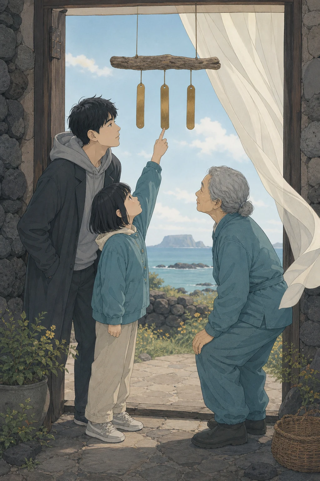 36화: 남겨 둔 울림 7페이지. 세 사람은 문간에서 조각 사이의 간격과 바람 방향을 살폈다.