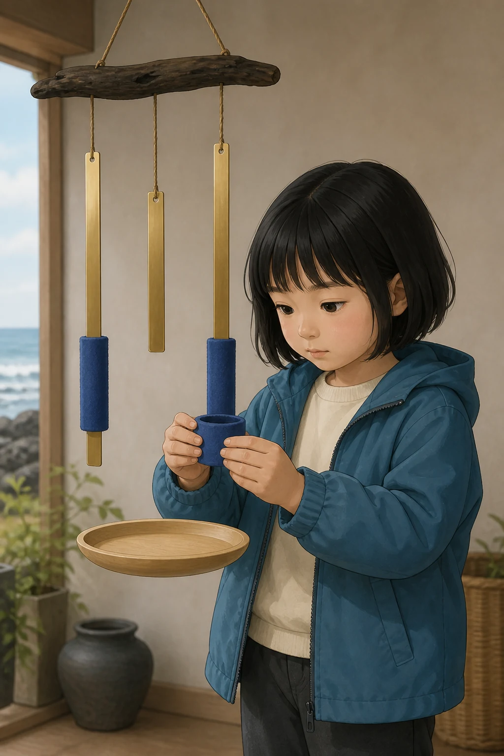 36화: 남겨 둔 울림 11페이지. 윤서는 가운데 고리를 직접 벗겨 작은 나무 받침에 놓았다.