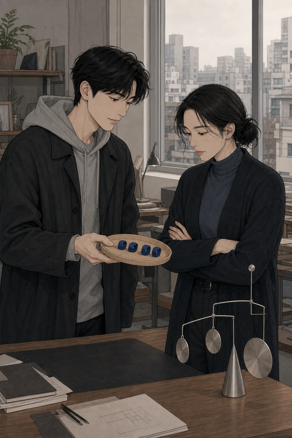 36화: 남겨 둔 울림 18페이지. 서울에서 도윤은 다른 금속 모빌의 주인에게 같은 고리를 건넸다.