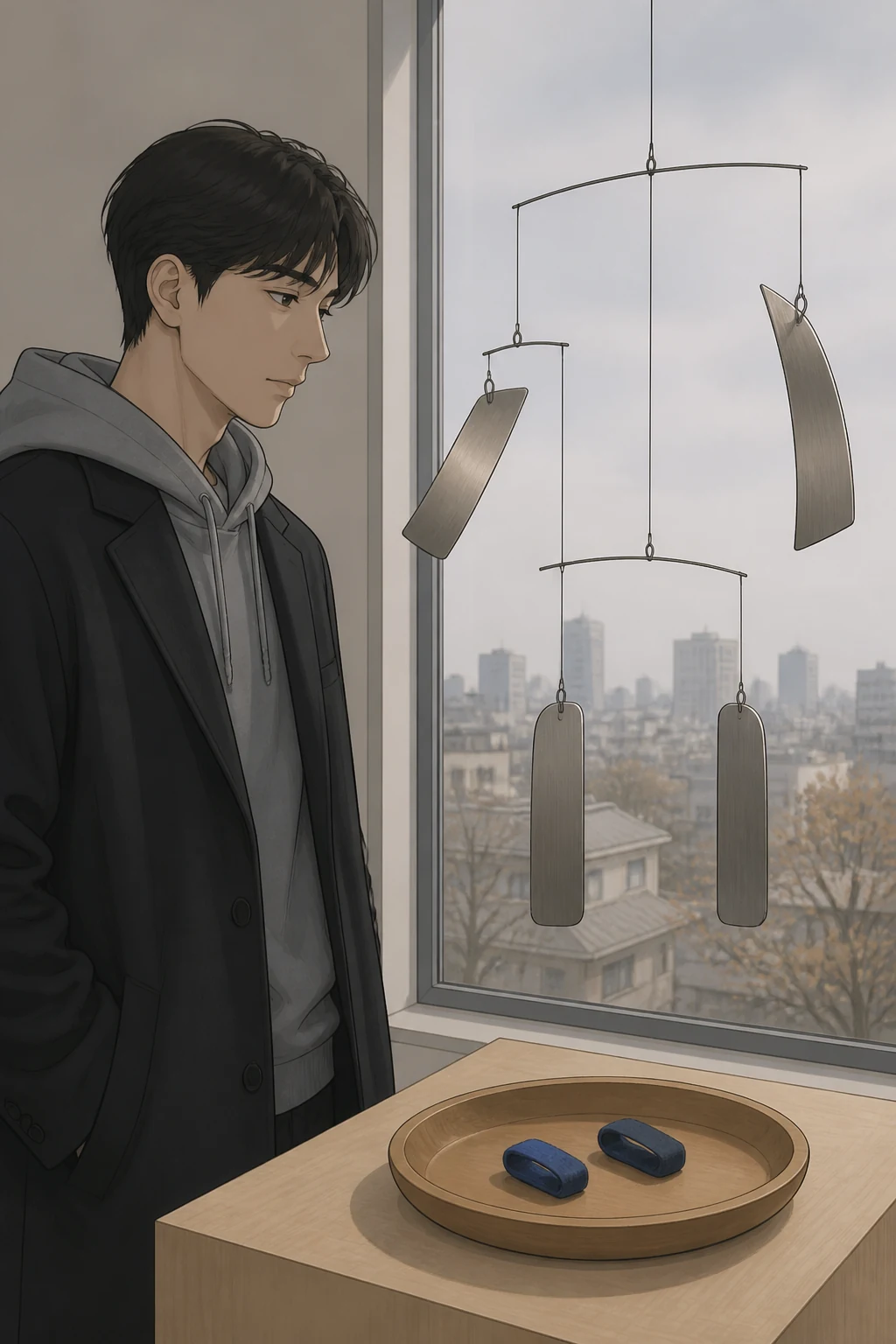 36화: 남겨 둔 울림 20페이지. 도윤은 받침의 두 고리와 서로 다르게 흔들리는 두 조각을 바라봤다.