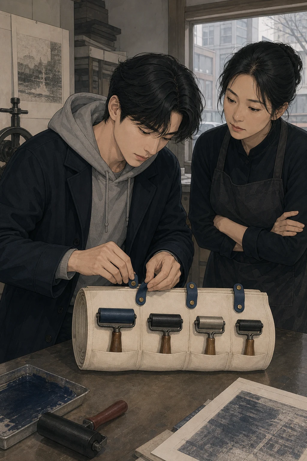 37화: 빌려 둔 둘 18페이지. 서울에서 도윤은 판화 롤러 네 개의 주인에게 같은 표지를 달아 줬다.