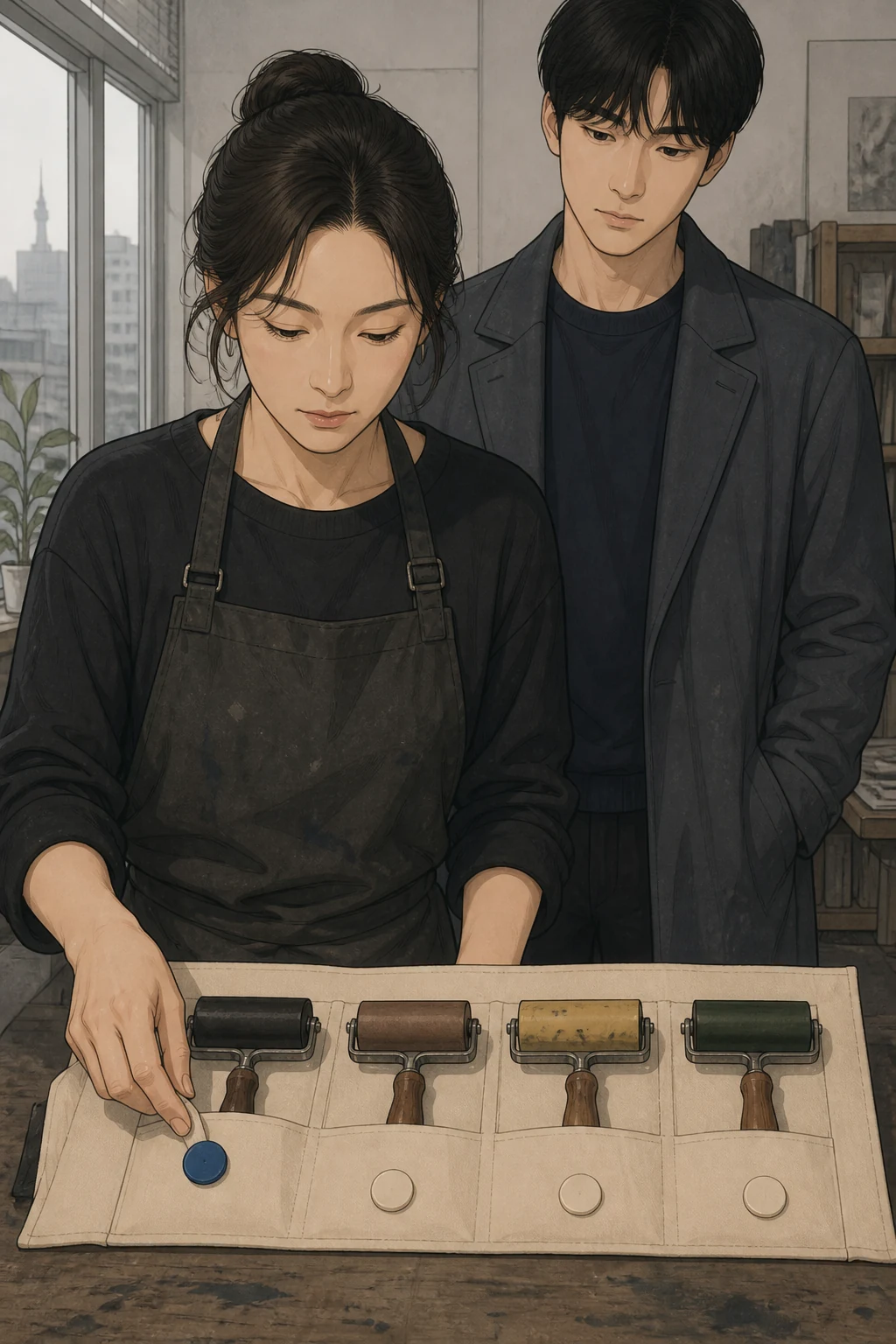 37화: 빌려 둔 둘 19페이지. 주인은 세척을 마친 작은 롤러 하나만 파란 면으로 바꿨다.