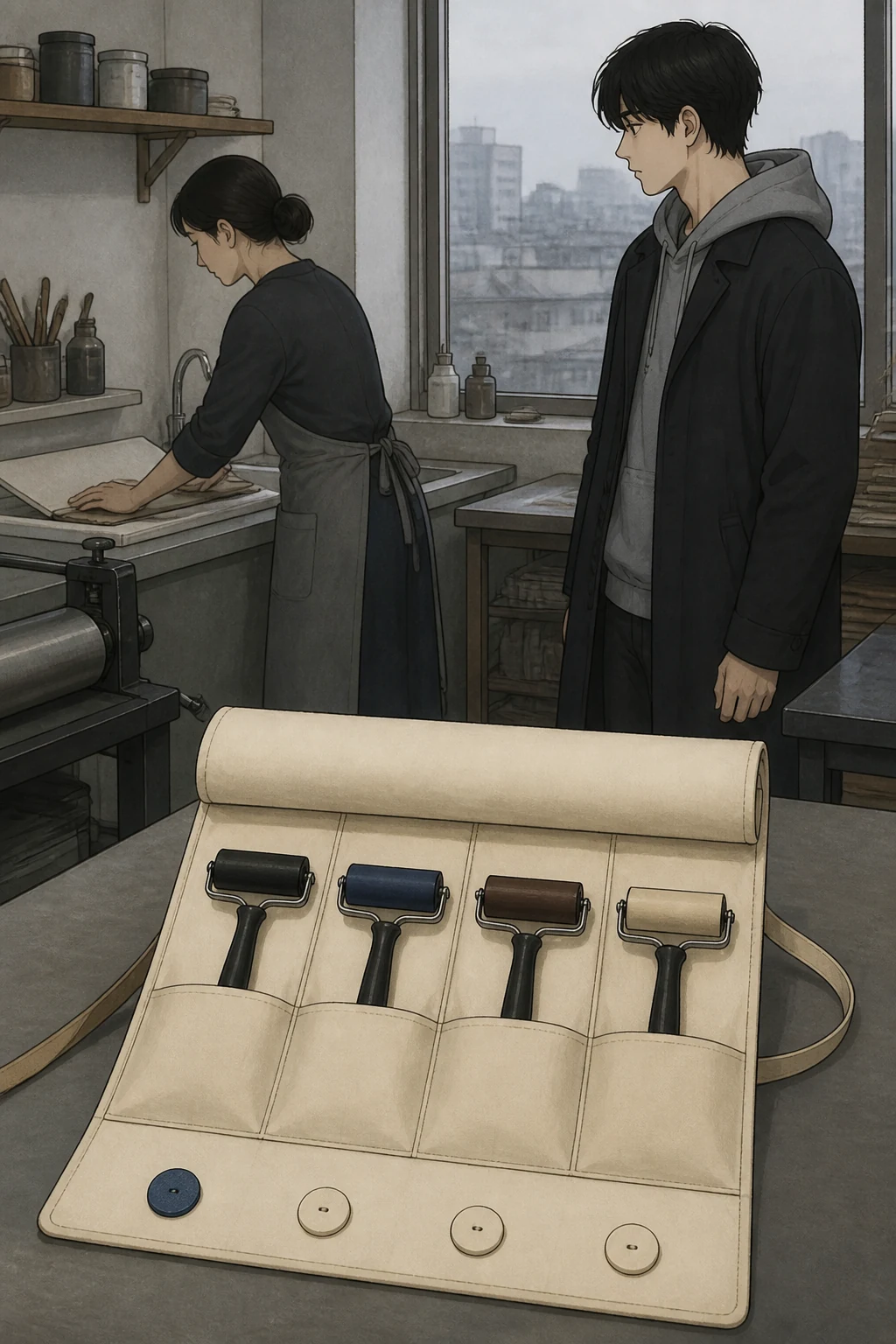 37화: 빌려 둔 둘 20페이지. 파란 면 하나와 크림색 면 셋은 주인이 오늘 고른 그대로 남았다.