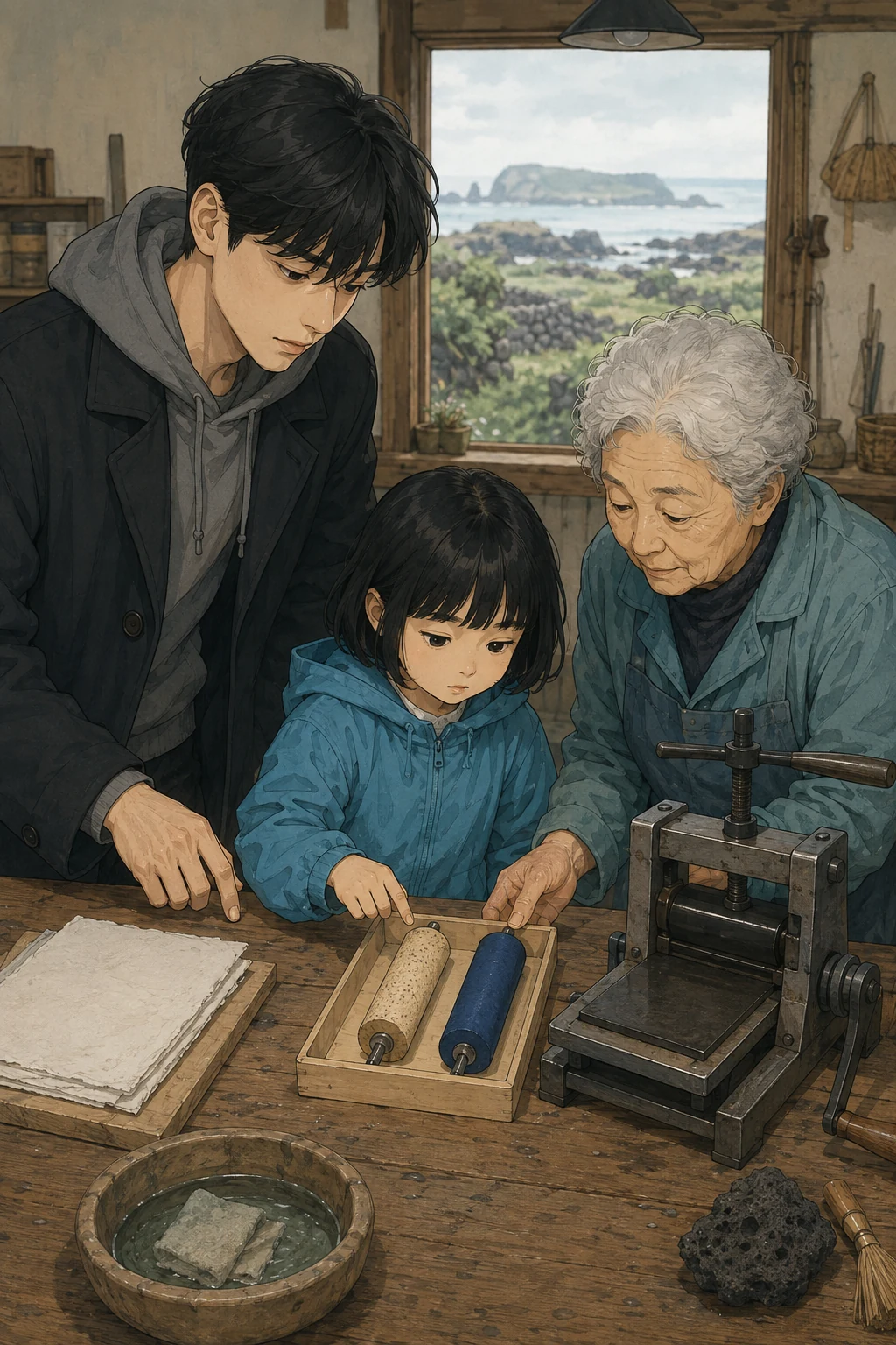 38화: 바꿔 끼운 손잡이 7페이지. 세 사람은 얇은 코르크와 굵은 고무 덧손잡이를 비교했다.