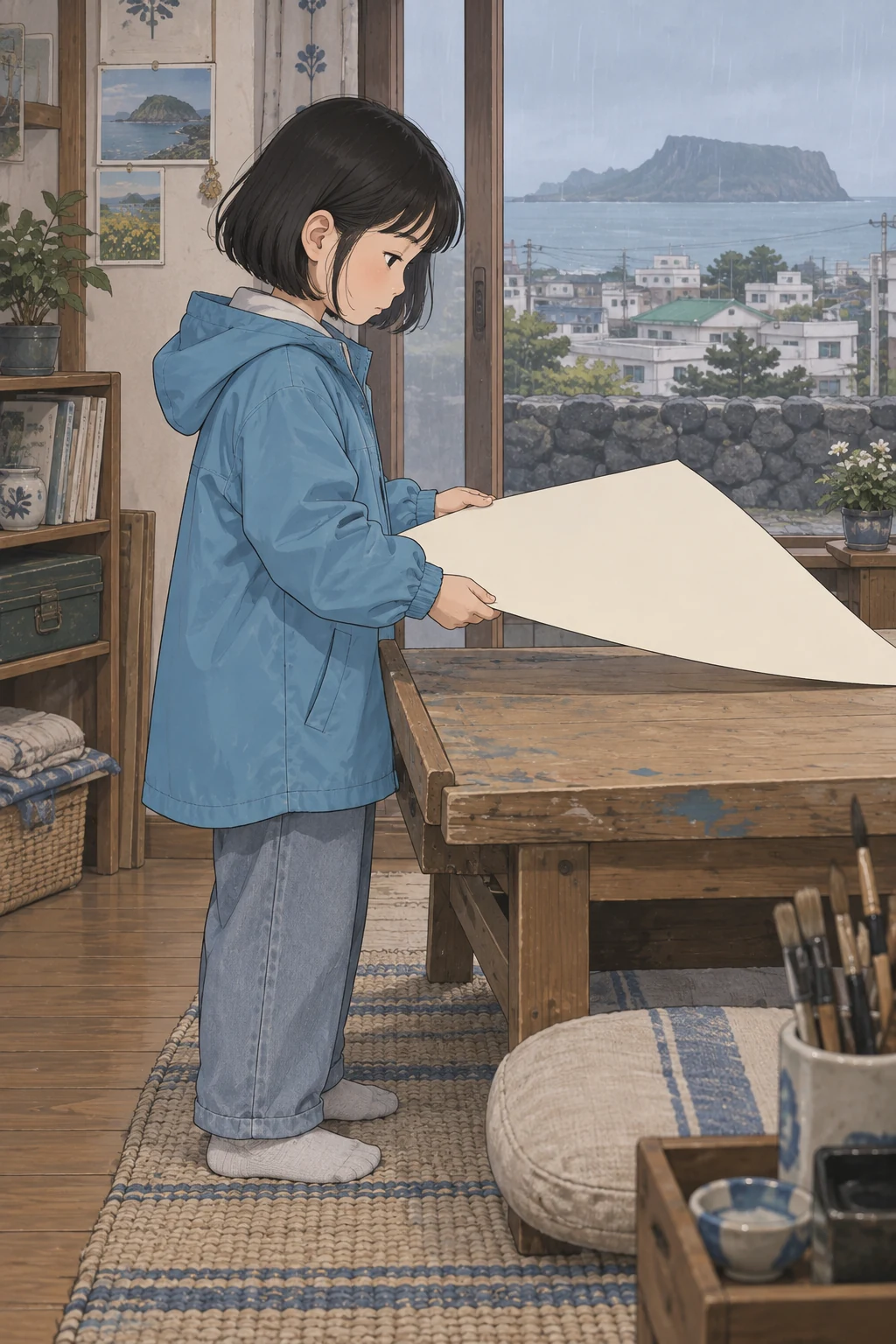 39화: 당겨 둔 작업판 14페이지. 큰 종이를 위해 일어서자 가까운 작업판이 이번에는 배에 걸렸다.