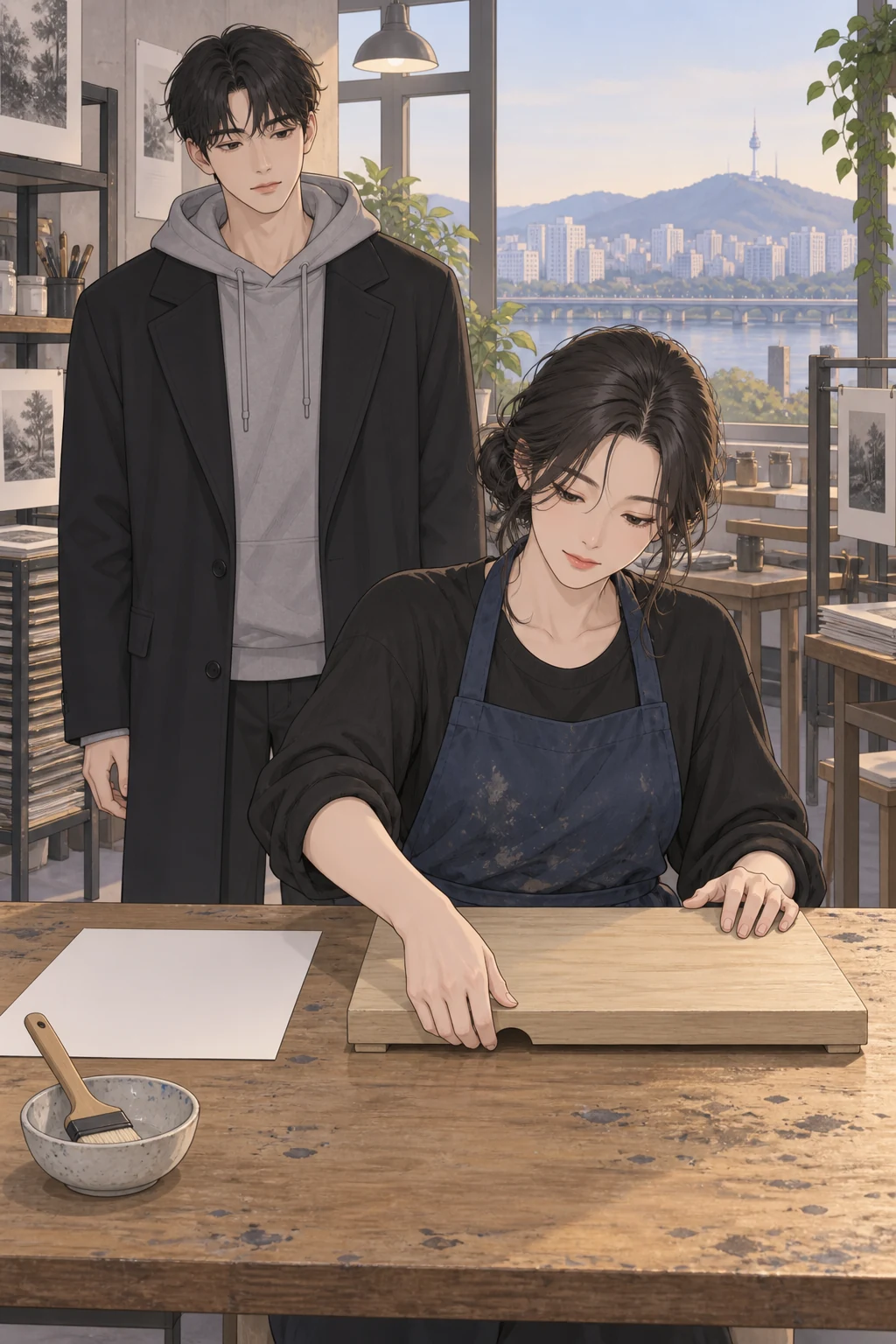 39화: 당겨 둔 작업판 19페이지. 왼손잡이 사용자는 작업판을 왼쪽 가까이 옮겨 놓았다.