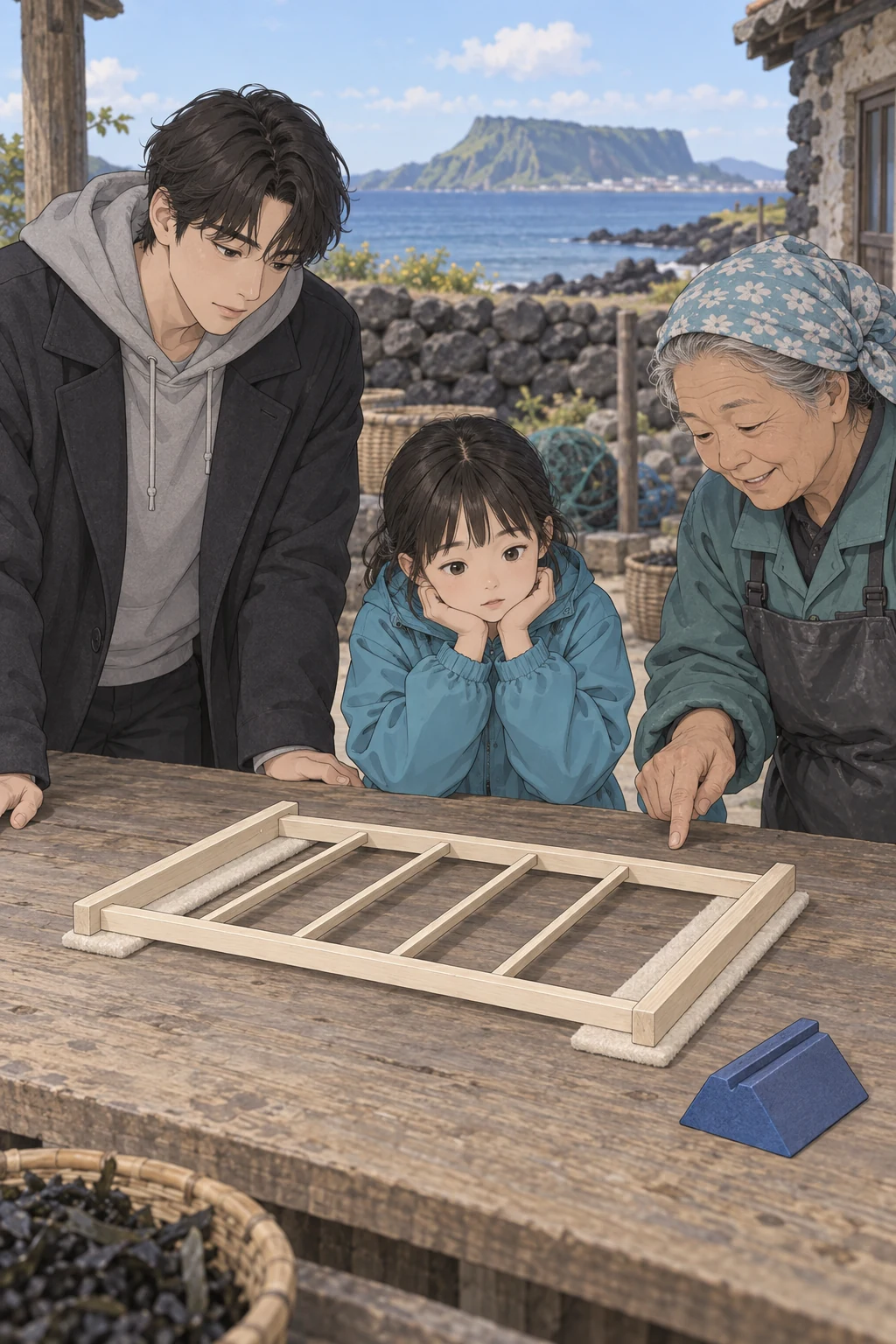 40화: 눕혀 둔 받침 7페이지. 세 사람은 받침과 따로 빠지는 푸른 쐐기를 살폈다.