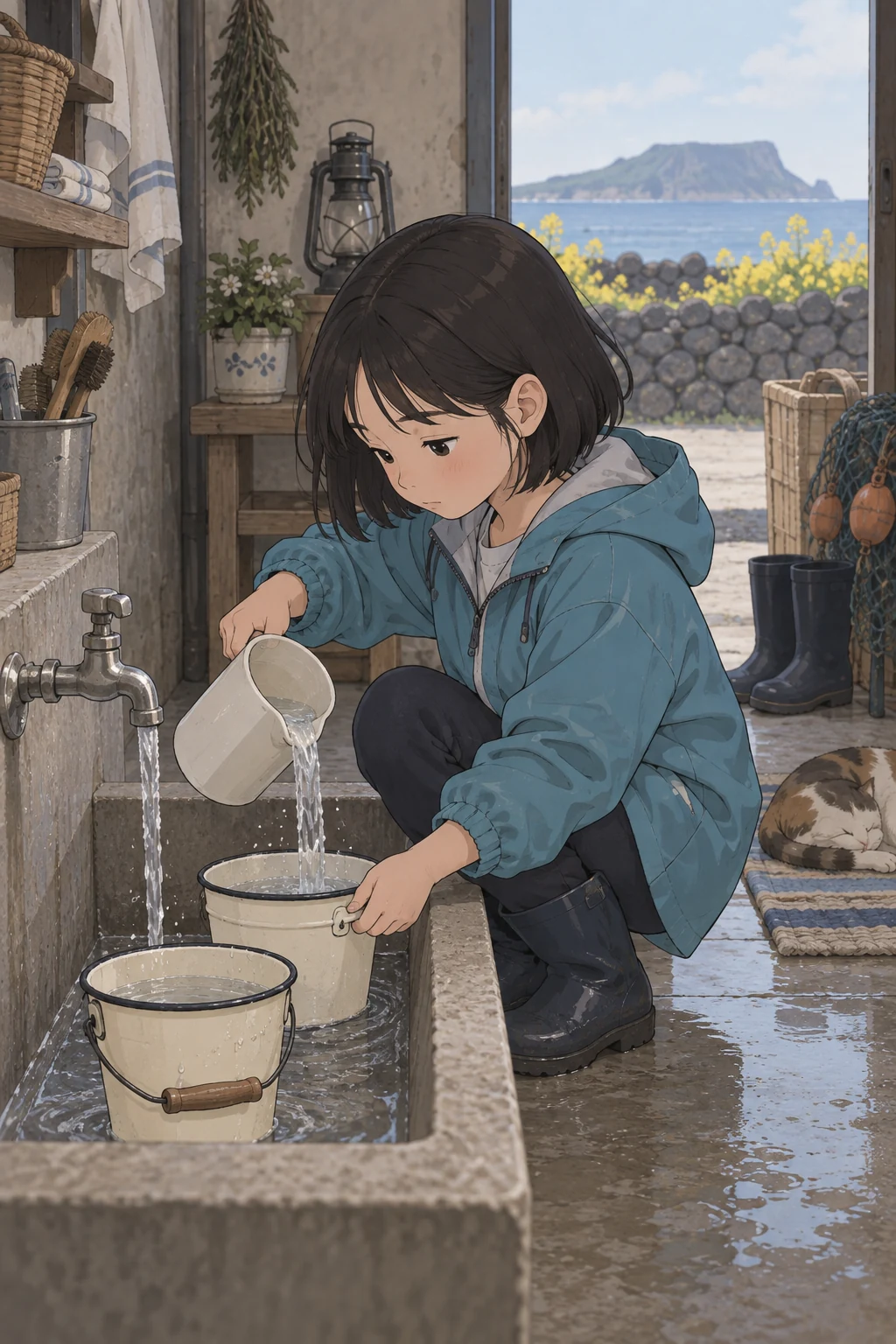 41화: 옮겨 끼운 푸른 띠 8페이지. 윤서는 두 통을 비우고 헹군 뒤 새 물을 나눠 담았다.