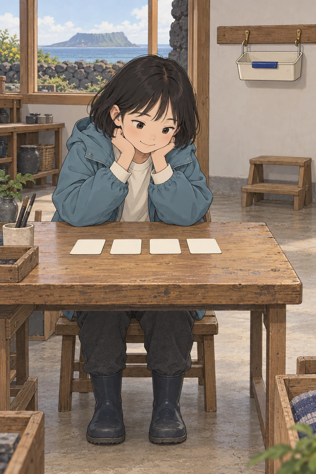 43화: 낮춰 건 도구함 17페이지. 윤서는 발판 없이 사진 카드 네 장의 모서리를 모두 마쳤다.