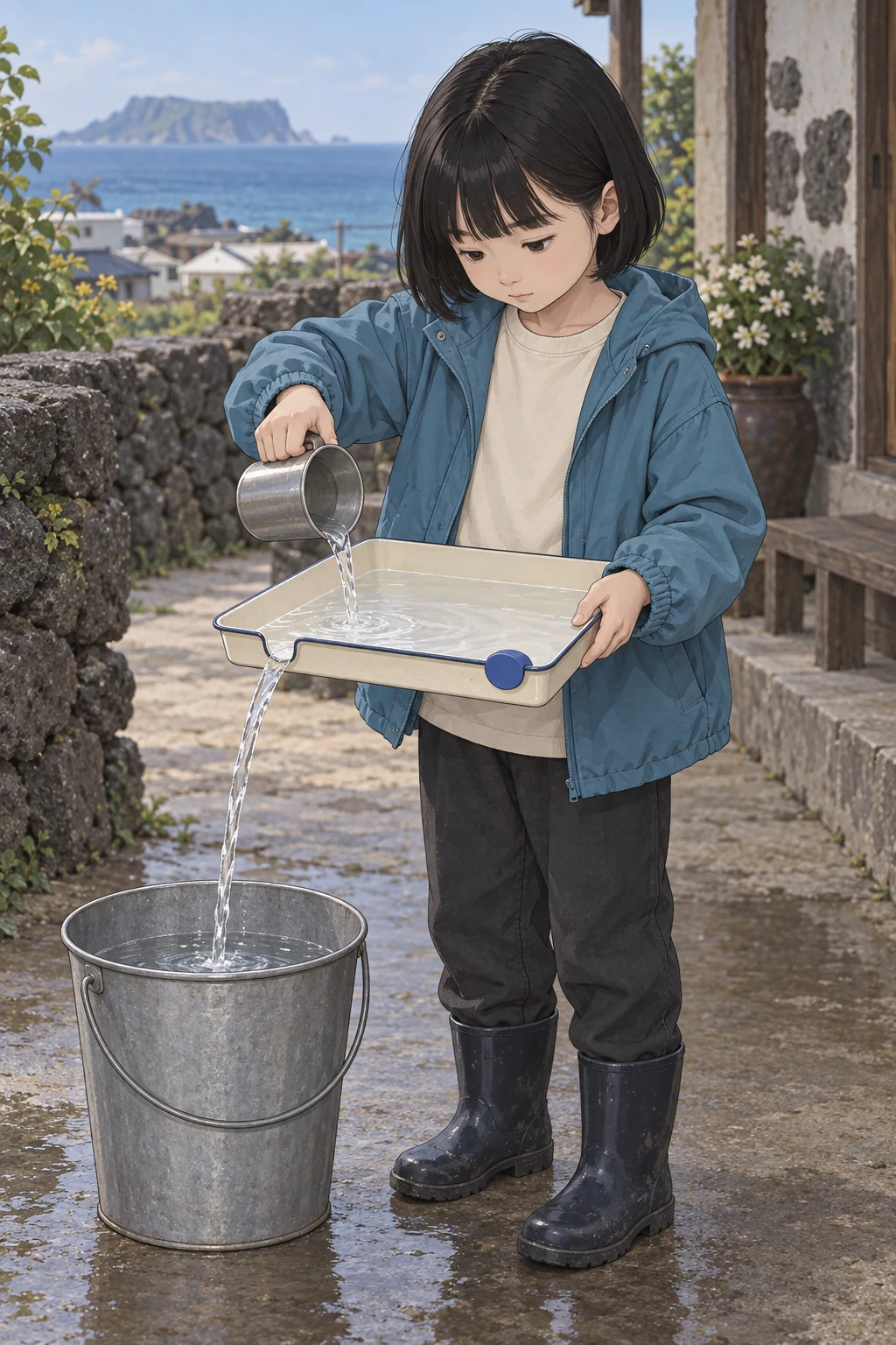 46화: 옮겨 막은 물길 14페이지. 두 번째 물 한 컵은 왼쪽 홈으로만 흘러 양동이에 들어갔다.