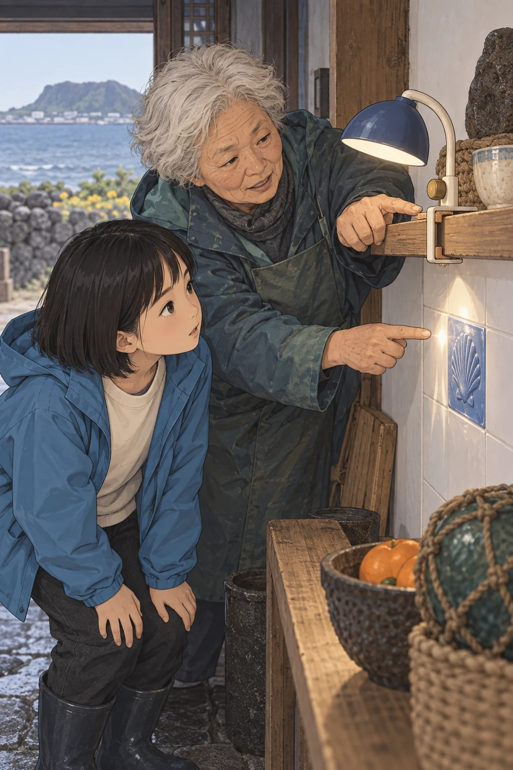 49화: 비껴 비춘 푸른 타일 6페이지. 순덕은 집게가 닿는 곳과 되돌아오는 빛을 함께 보라고 했다.
