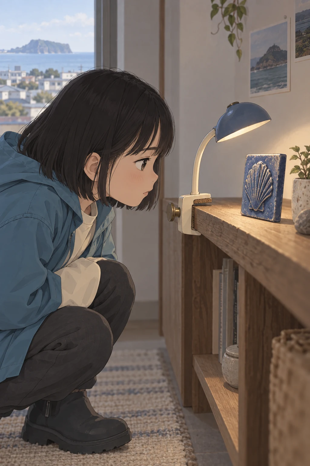 49화: 비껴 비춘 푸른 타일 8페이지. 실제 타일을 놓자 들린 집게 한쪽이 등을 비뚤게 만들었다.