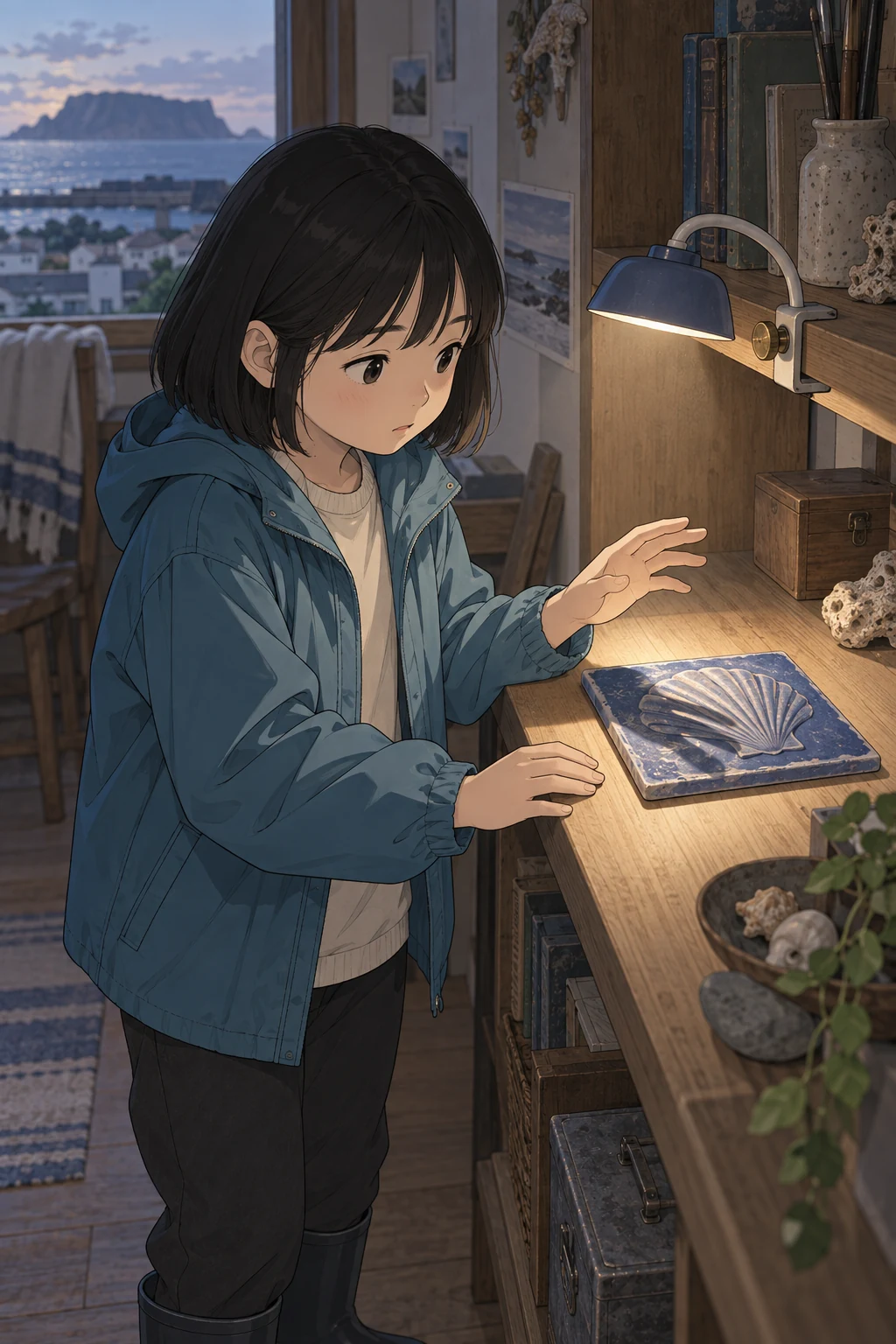 49화: 비껴 비춘 푸른 타일 13페이지. 낮은 옆각도에서는 윤서의 손 그림자가 타일을 가렸다.