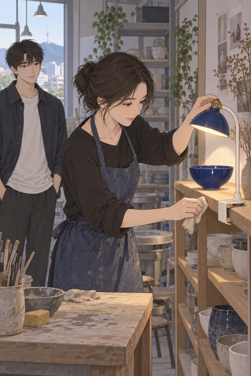 49화: 비껴 비춘 푸른 타일 19페이지. 서울의 도예가도 자기 그릇을 놓고 닦은 뒤 빛을 맞췄다.